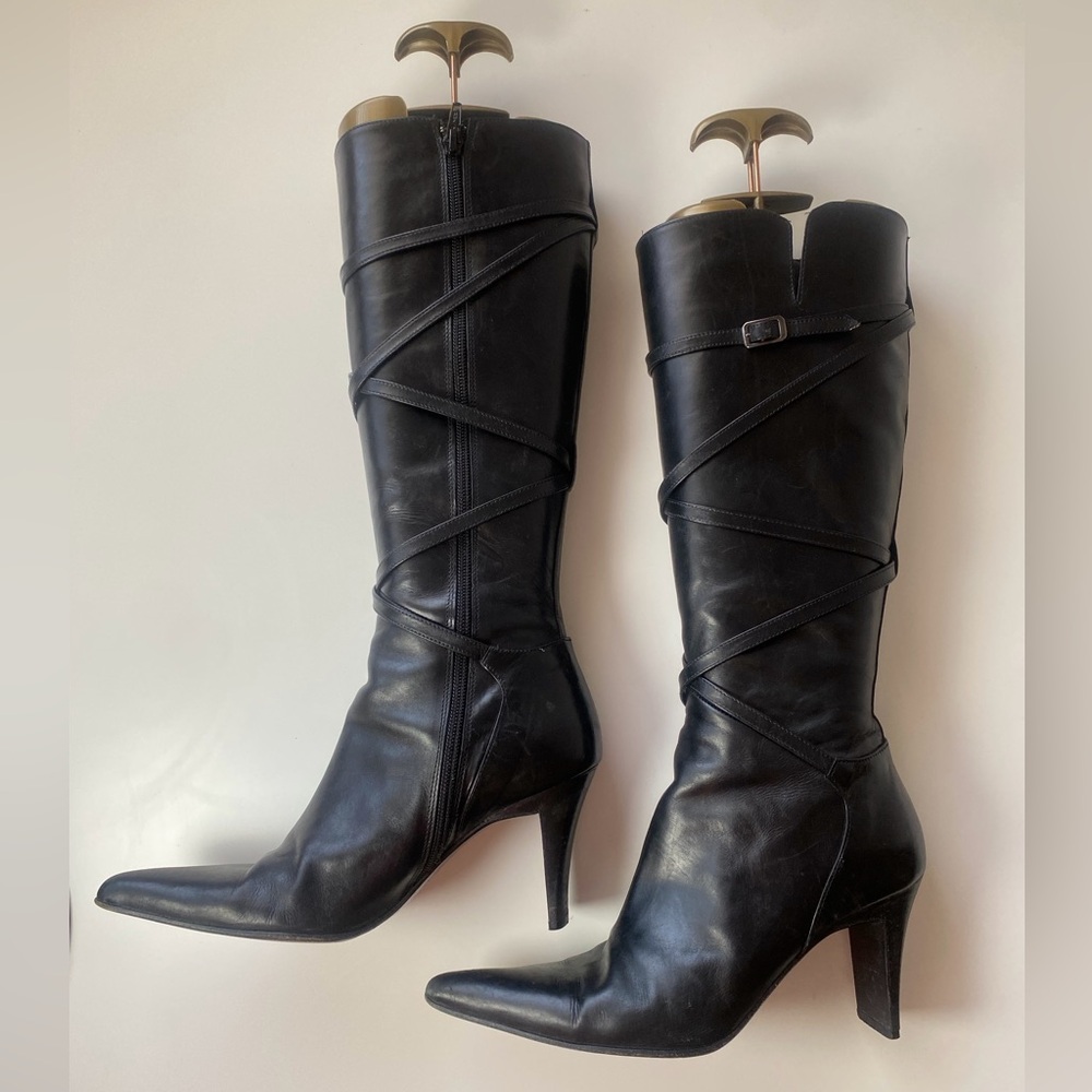 Kenneth Cole Black Leather Over-the-Knee Pointed-Toe Heeled Boots - Picture 3 of 9